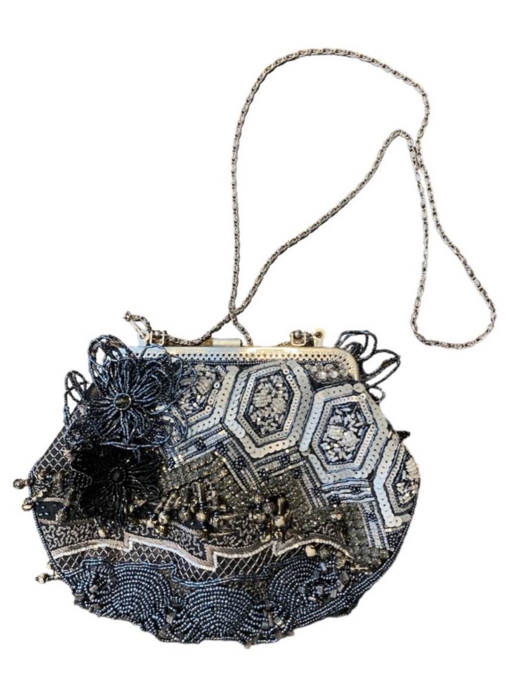 Chico’s Beaded Floral Evening Clutch Handbag in Black and Silver